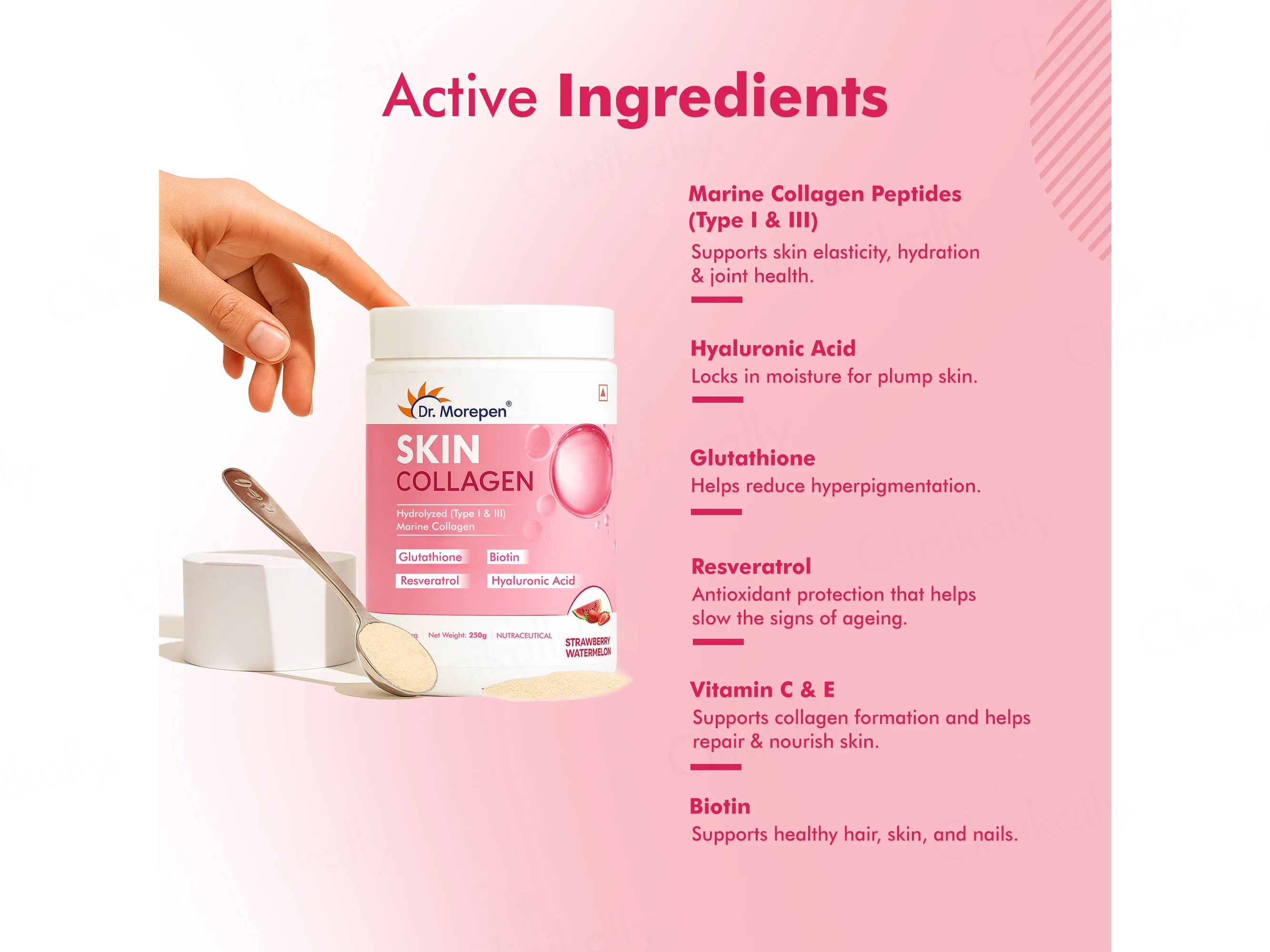 Dr. Morepen Hydrolyzed Type I & III Marine Skin Collagen Powder - Strawberry Watermelon Flavour - Image 3